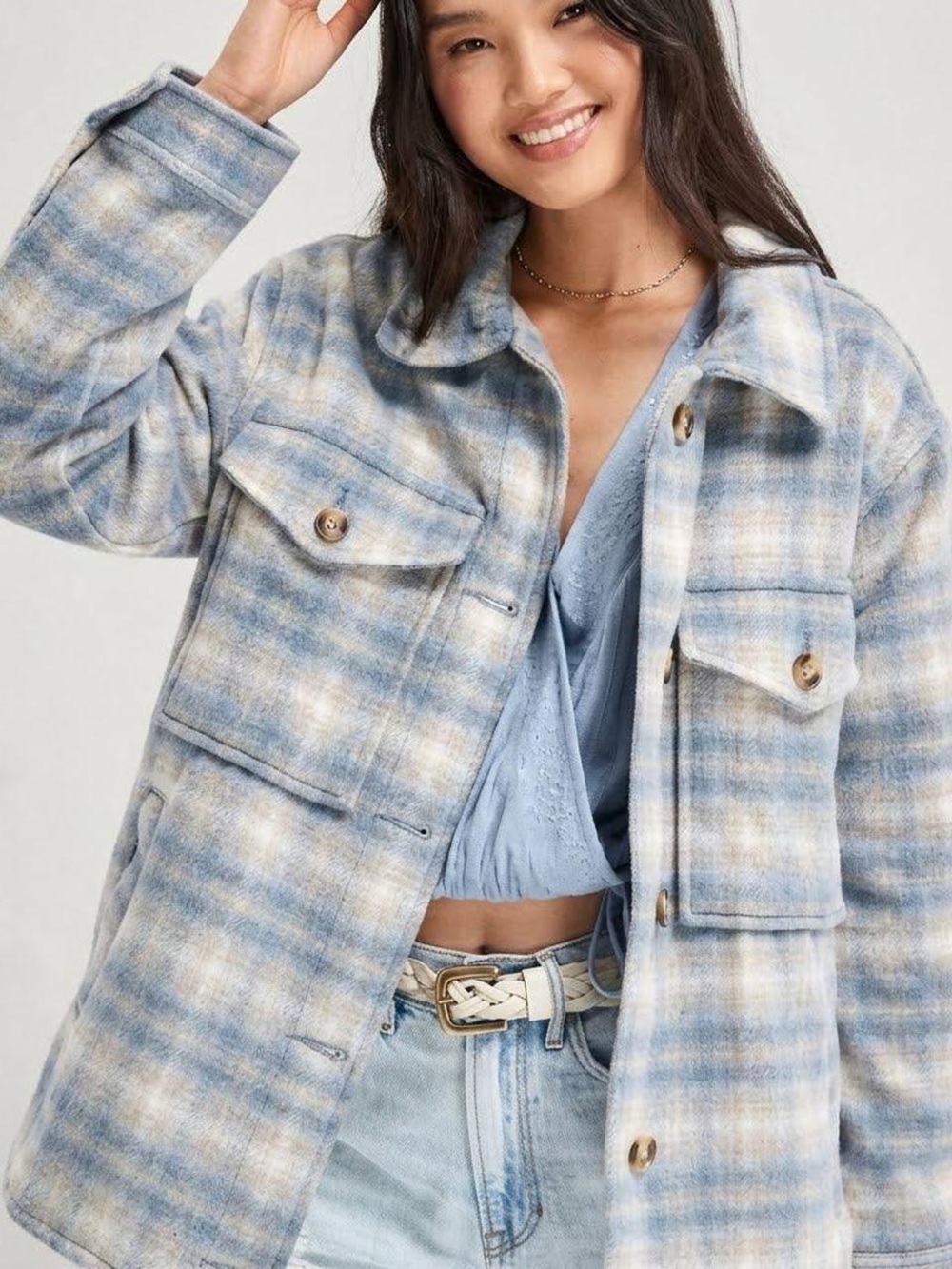 American Eagle Plaid Shacket- Blue Flannel